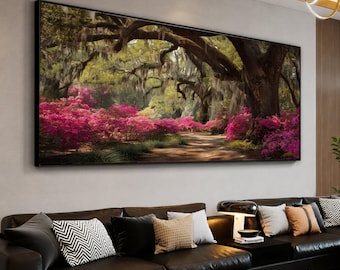 Enchanted Garden Pathway Canvas, Azalea Bloom Oak Tree Spring Print, Modern Living Room