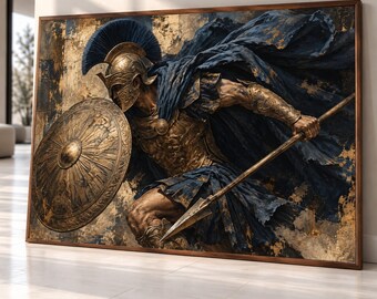 Ancient Spartan Warrior Canvas, Greek Soldier Art, Bronze Armor Canvas Wall Art, Historical Battle Scene, Dramatic Premium Canvas Print