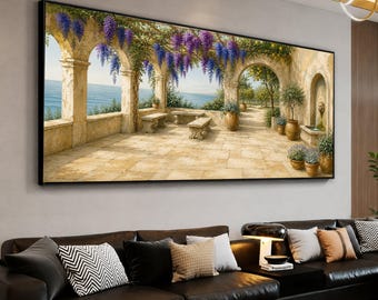 Mediterranean Terrace Wisteria Canvas Print, Stone Patio Garden Wall Art, Living Room