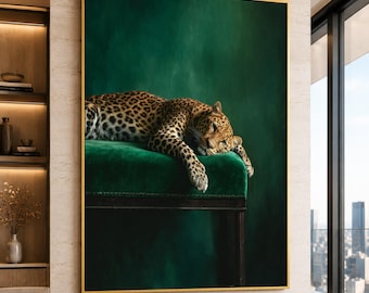 Leopard Emerald Velvet Bench Canvas Print, Luxury Animal Wall Art Ready Hang, Living Room