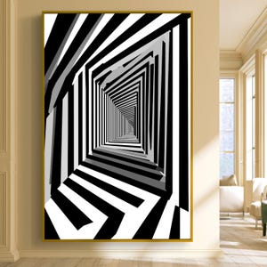 Optisk illusionstunnelcanvas, svartvit geometrisk väggkonst