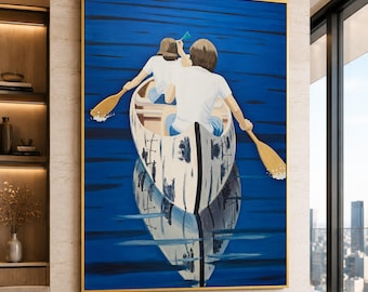 Alex Katz Style, Lake Adventure Wall Art, Outdoor Water Scene, Blue Water Reflection Canvas, Nautical Home Premium Canvas Print
