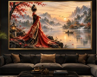 Elegant Geisha by Serene Lake Canvas, Japanese Autumn Landscape, Oriental Woman with Kimono, Tranquil Waterfalls Canvas Premium Canvas Print