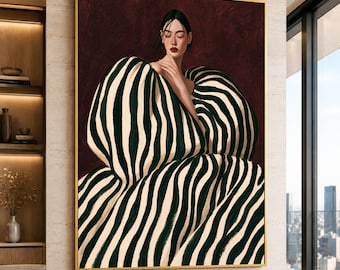 Elegant Woman Portrait Canvas, Bold Black White Stripes, Modern Fashion Art, Contemporary Wall Decoration, Chic Premium Canvas Print