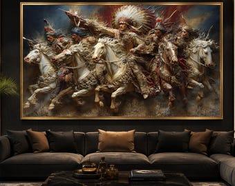 Native American Warriors on Horseback Canvas, Tribal Battle Scene Wall Art, Historic Western Decor, Horse Rider Canvas Premium Canvas Print