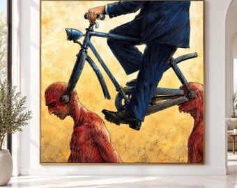 Surreal Bicycle Ride, Human Head Wheels Canvas, Conceptual Abstract Wall Art, Thought-Provoking Decoration, Modern Premium Canvas Print