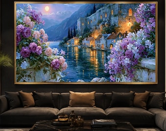 Moonlit Waterfront Village Canvas, Romantic Nightscape Wall Art, Floral Coastline Painting, Lake Reflection Canvas, Premium Canvas Print