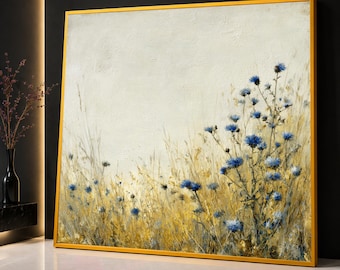 Blue Thistle Wildflower Canvas Print Art, Rustic Botanical Farmhouse Wall Decoration