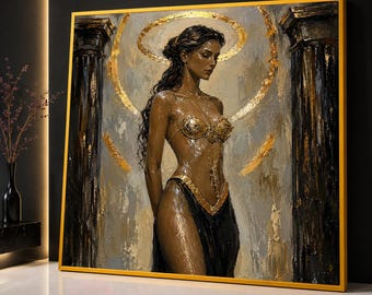 Golden Goddess Woman Portrait Canvas, Elegant Female Figure Wall Art, Classic Beauty Painting, Glamorous Home Décor Premium Canvas Print