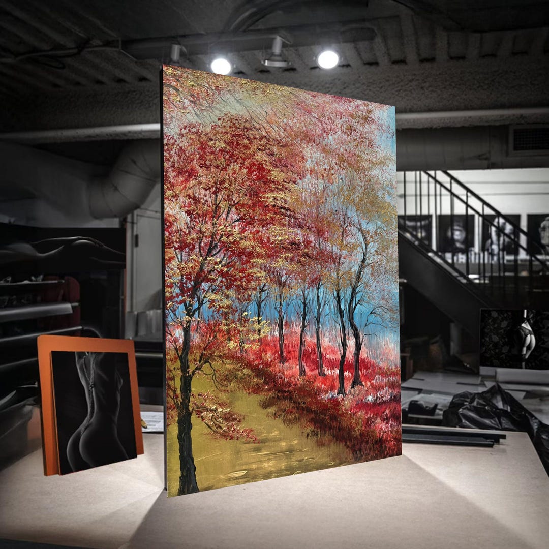 Autumn Forest Path Canvas Wall Art, Red and Gold Trees Painting, Fall ...