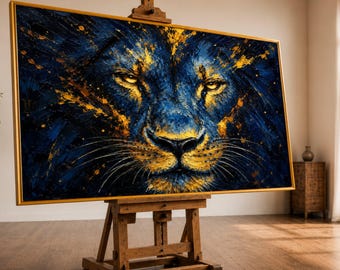 Majestic Lion Portrait Canvas, Abstract Animal Wall Art, Bold Blue and Gold Canvas, Fierce Wildlife Decoration, Ready Premium Canvas Print