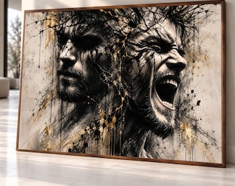 Dual Emotion Portrait Canvas, Intense Male Faces Wall Art, Abstract Expression Canvas, Dramatic Home Decor, Modern Art Premium Canvas Print