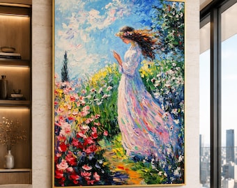 Impressionist Woman Floral Meadow Canvas, Spring Garden Wall Art, Romantic Nature Print