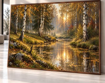 Autumn Birch Forest, Serene River Canvas, Golden Fall Landscape, Nature Reflection Wall Art, Tranquil Woodland Scene Premium Canvas Print