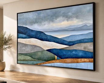 Abstract Mountain Landscape Canvas, Blue and Green Color Block Wall Art, Modern Nature Canvas, Layered Hills Painting, Premium Canvas Print
