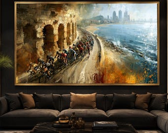 Coastal City Bicycle Race Canvas, Historic Ruins and Seaside Landscape Wall Art, Urban Sports Scene Canvas Decoration Premium Canvas Print