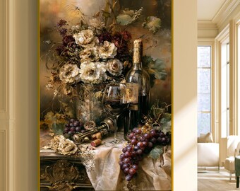 Elegant Wine and Floral Still Life Canvas, Vintage Wine Bottle Wall Art, Grapes and Roses Canvas, Classic Home Decor Premium Canvas Print