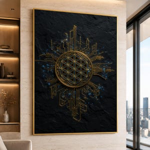 Op de afbeelding: Een rechthoekig wandkunstwerk met een zwarte, getextureerde achtergrond en een centraal gouden, cirkelvormig geometrisch patroon van de levensbloem. Gouden printplaatlijnen stralen vanuit het midden uit, geaccentueerd door kleine blauwe lichtpuntjes.