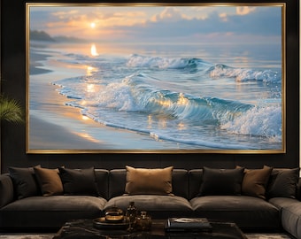 Serene Ocean Waves Canvas, Golden Sunrise Beach Scene, Coastal Wall Art, Relaxing Seascape Canvas Decoration, Nature Premium Canvas Print