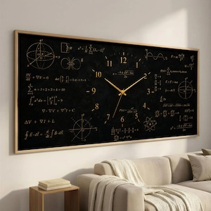 Cuadro decorativo de pared con reloj científico vintage y fórmulas matemáticas.