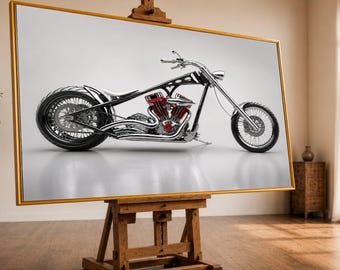 Custom Chopper Motorcycle Canvas, Chrome Bike Wall Art, Vintage Motorbike Print, Modern Garage Decor, Sleek Metal Premium Canvas Print
