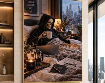Cozy Skeletal Morning, Rainy Window View Canvas, Relaxing Home Office Scene, Cat Sleeping Canvas Art, Motivational Premium Canvas Print