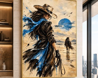 Western Cowgirl Canvas, Sunset Desert Scene, Horse and Rider Wall Art, Blue Accents Canvas, Rustic Home Decoration Premium Canvas Print