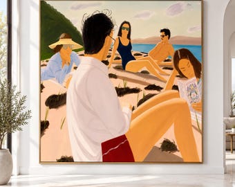 Alex Katz Style, Beach Scene Canvas Print, Summer Vacation People Sunbathing Art, Living Room