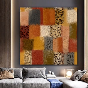 Warm Earth Tones Patchwork Canvas, Modern Leopard Print Wall Art, Ready to Hang