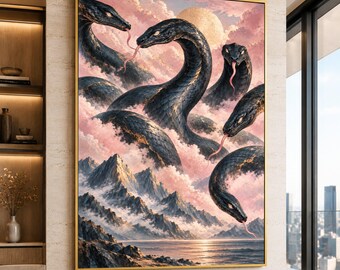 Majestic Hydra Serpents Canvas Wall Art, Mythical Snake Illustration, Fantasy Landscape Painting, Surreal Nature Scene, Premium Canvas Print