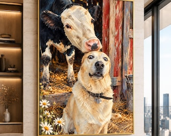 Charming Farmyard Friends Canvas, Playful Cow and Dog Art, Rustic Barn Scene Canvas Wall Art, Animal Home Decor, Premium Canvas Print