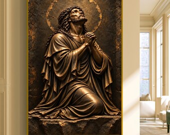 Praying Christ Statue Canvas Wall Art, Religious Christian Decor, Bronze Effect Jesus Art, Spiritual Home Decoration, Premium Canvas Print