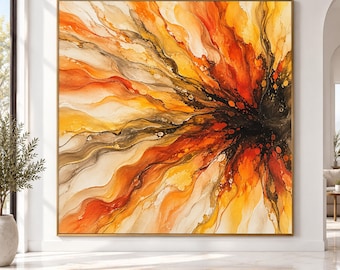 Fiery Burst Abstract Canvas, Orange Yellow Wall Art, Modern Floral Design, Dynamic Home Decoration, Ready to Hang Premium Canvas Print