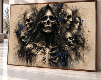 Dark Skeleton Figure with Hood, Gothic Skull Portrait Canvas, Mystical Horror Wall Art, Macabre Skeleton Art, Unique Premium Canvas Print