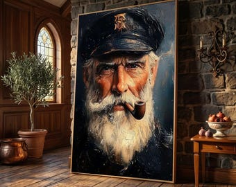 Retrato de capitán de barco vintage en lienzo, decoración náutica para el hogar, sala de estar.