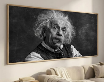 Playful Genius Portrait Canvas, Black and White Wall Art, Quirky Expression Canvas, Retro Home Decoration, Unique Wall Premium Canvas Print