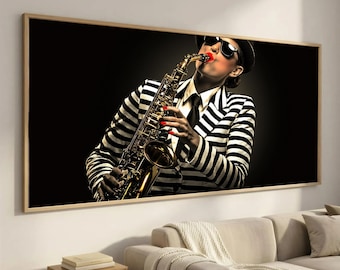 Stylish Jazz Woman Playing Saxophone Canvas, Black and White Striped Suit Art, Musical Instrument Wall Decor, Modern Premium Canvas Print