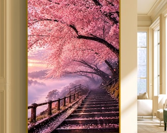 Cherry Blossom Pathway Canvas, Pink Sakura Trees Wall Art, Nature Landscape Canvas, Spring Garden Scene, Outdoor Premium Canvas Print