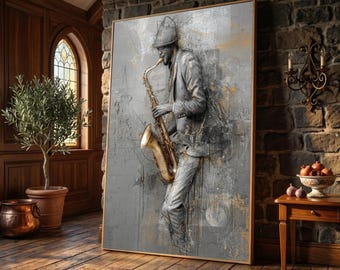 Jazz Saxophone Musician Canvas Print Art, Urban Abstract Music Wall Decor (Ready to Hang)