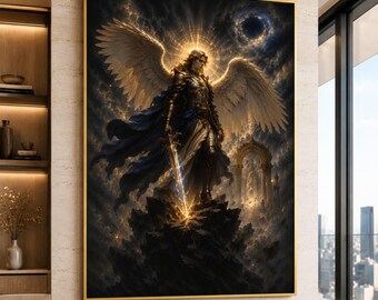 Majestic Guardian Angel Canvas Print, Fantasy Warrior Wall Art, Glowing Halo Artwork