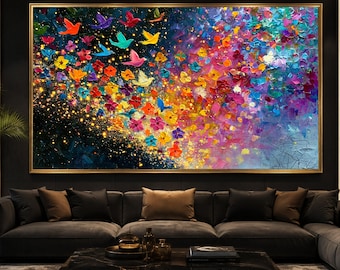 Vibrant Colorful Birds and Flowers Canvas, Abstract Floral Wall Art, Bright Nature Scene Canvas, Home Decoration Premium Canvas Print