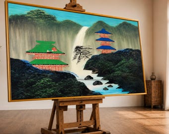 Tranquil Waterfall Landscape with Pagoda Temples Canvas, Japanese Nature Scene, Asian Architecture Wall Art, River and Premium Canvas Print