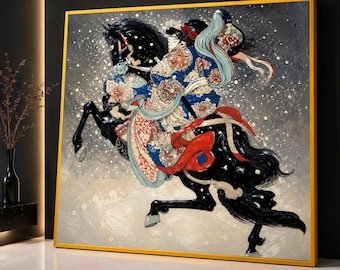 Dynamic Samurai Warrior on Black Horse Canvas, Traditional Japanese Art, Floral Kimono Wall Art, Eastern Culture Premium Canvas Print
