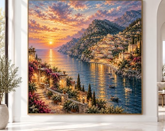 Mediterranean Coastal Village Sunset Canvas, Seaside Landscape Wall Art, Ocean View Canvas Decor, Vibrant Evening Sky Premium Canvas Print