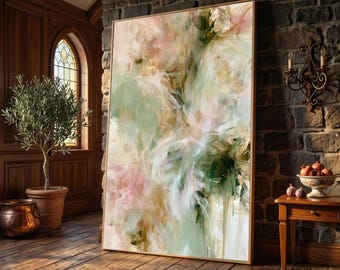 Soft Floral Abstract Canvas Wall Art, Pastel Garden Colors, Green Pink Home Decoration, Contemporary Flower Painting, Premium Canvas Print