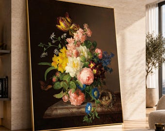 Classic Floral Bouquet Canvas Wall Art, Vintage Still Life Painting, Colorful Flowers with Nest Decoration, Elegant Premium Canvas Print