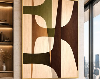 Mid Century Abstract Canvas Print, Earth Tone Geometric Wall Art, Modern Living Room Decor