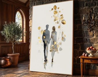 Romantic Couple Silhouette Canvas Art, Gold Leaf Abstract Love Print, Elegant Home Decor