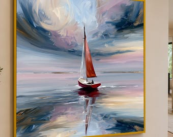 Sailboat with Red Sails Canvas, Seascape Wall Art, Calm Water Reflection, Nautical Home Decor, Sky and Sea Painting, Premium Canvas Print