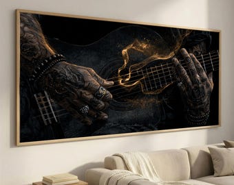 Tattooed Hands Playing Guitar Canvas, Musical Instrument Wall Art, Dark Mood Home Decor, Artistic Guitar Strings Premium Canvas Print